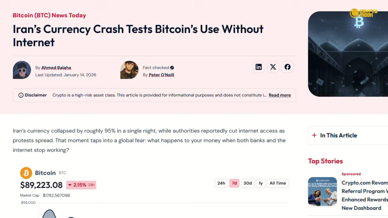 News article screenshot with headline 'Iran’s Currency Crash Tests Bitcoin’s Use Without Internet' and visible Bitcoin price and chart