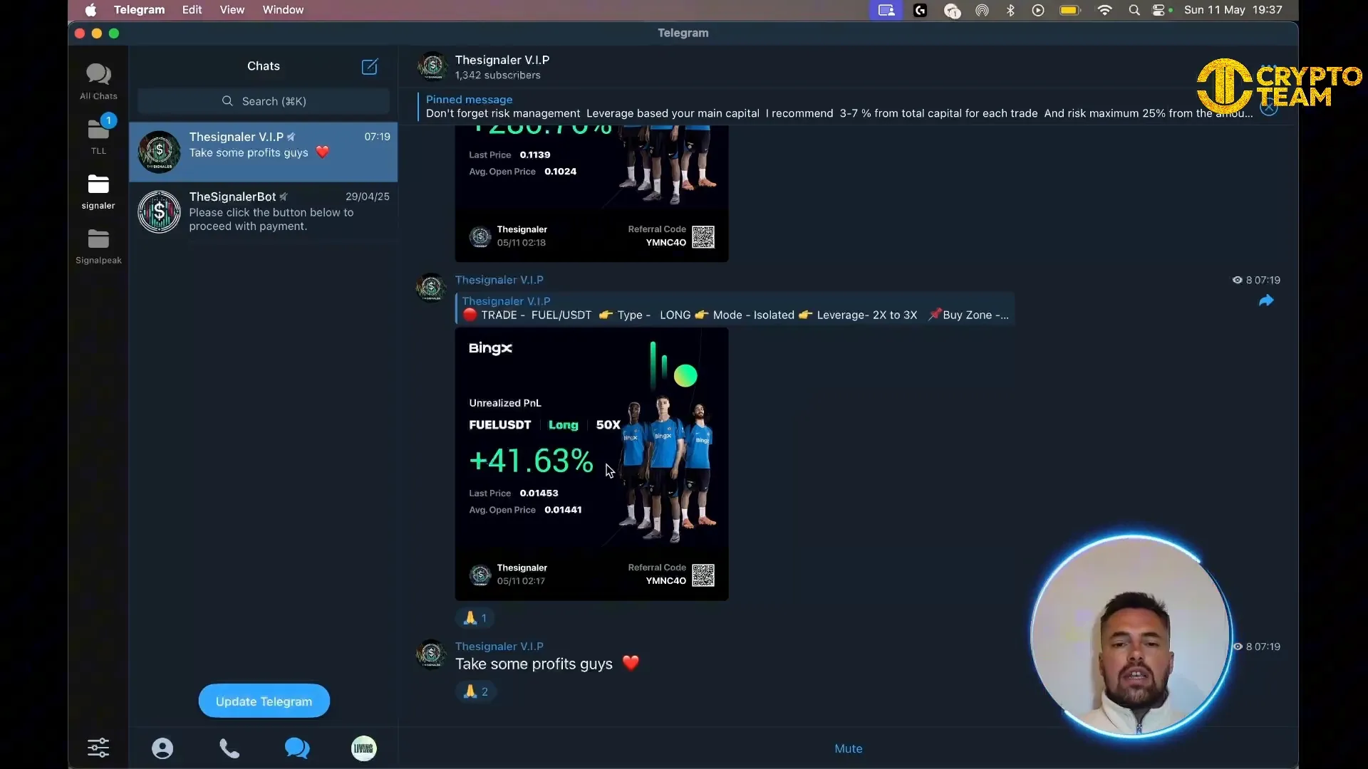 VIP Telegram group showing high profit trades and signals