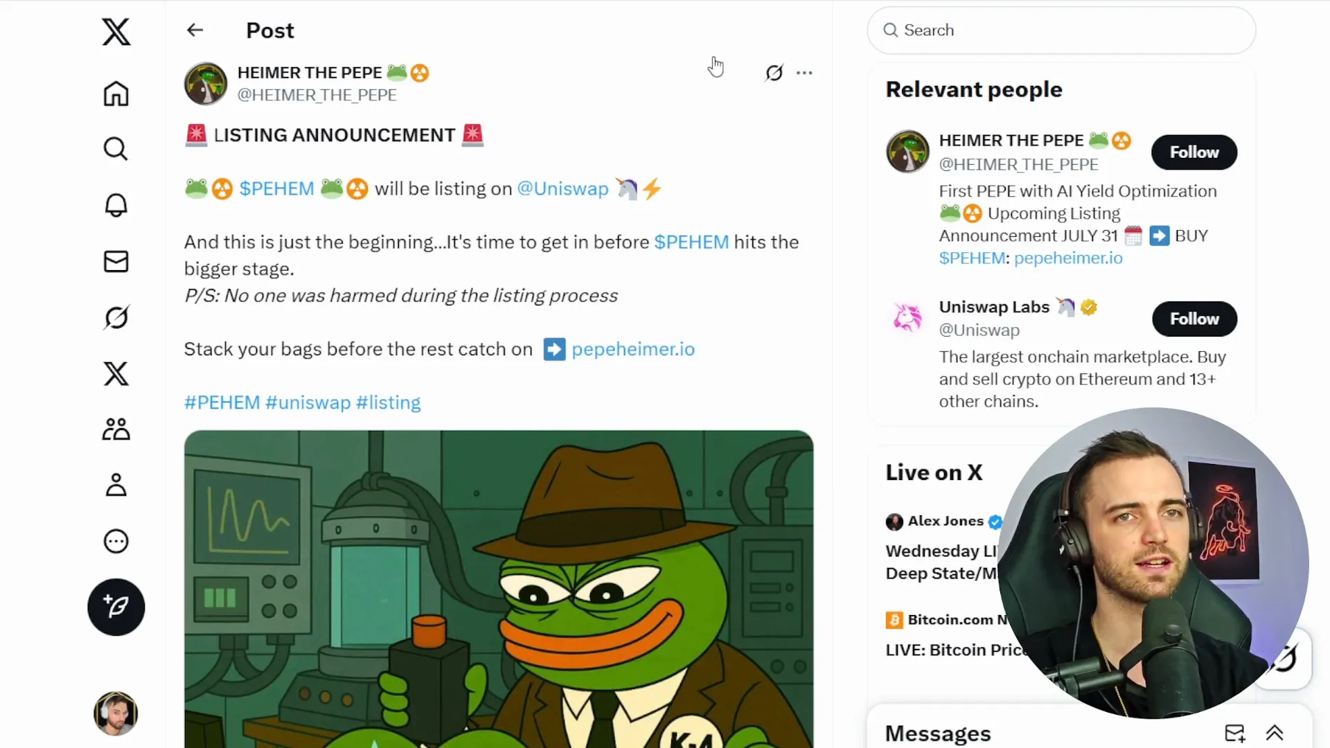 BitMart and Uniswap listing announcements for Pepe Heimer