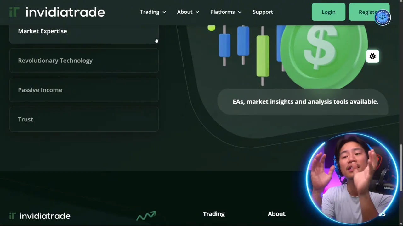 InvidiaTrade website screenshot showing navigation, candlestick graphics and a banner reading 'EAs, market insights and analysis tools available'