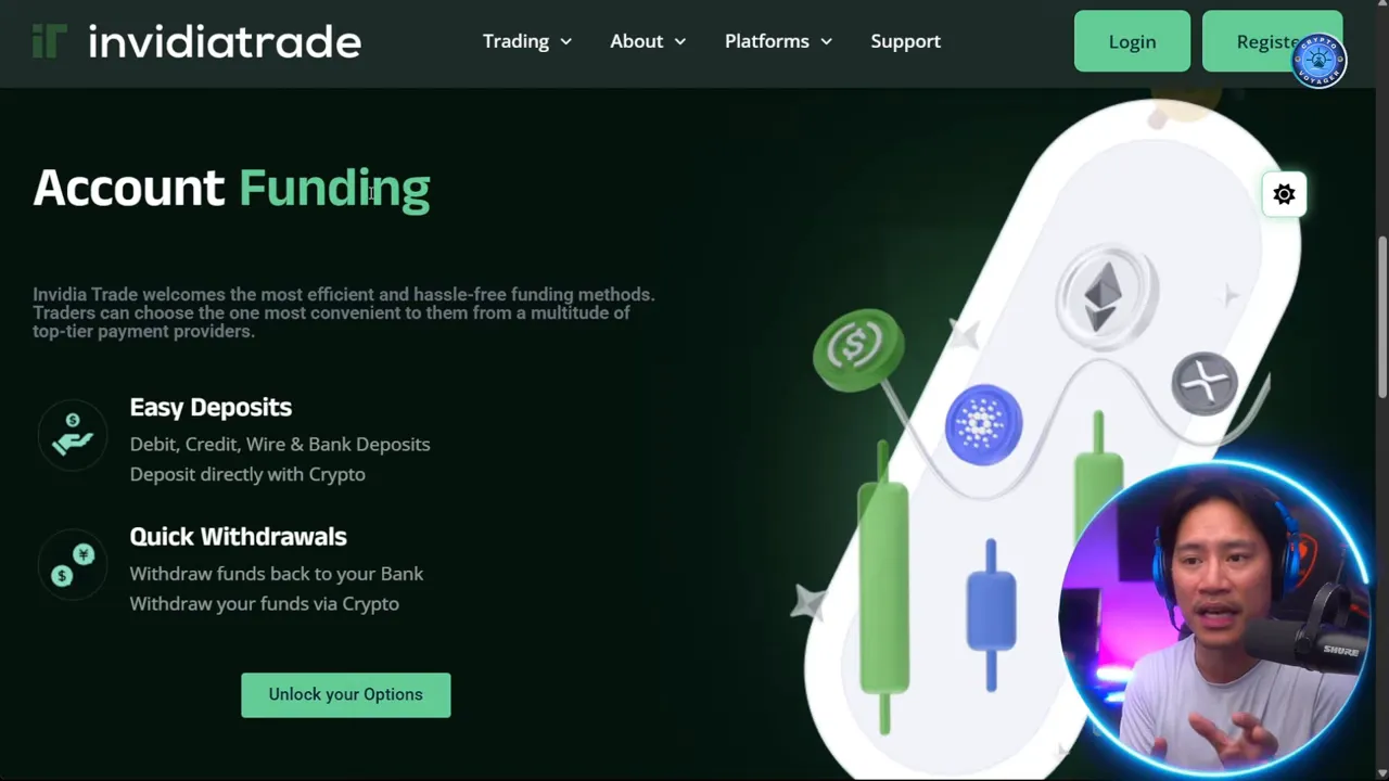 InvidiaTrade 'Account Funding' page showing Easy Deposits and Quick Withdrawals with trading candlestick graphics and a small presenter overlay.