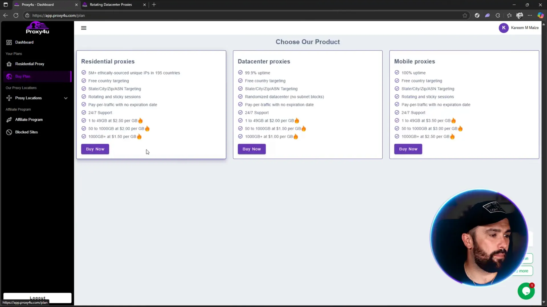 Proxy4U user dashboard showing proxy types and data usage