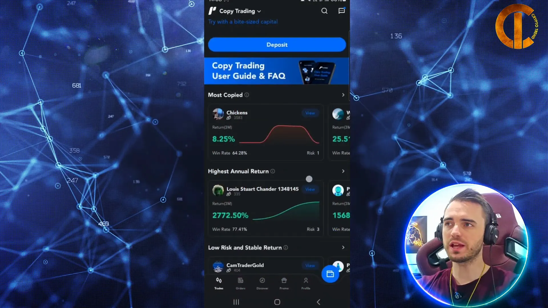 PU Prime app showing copy trading dashboard and trader stats