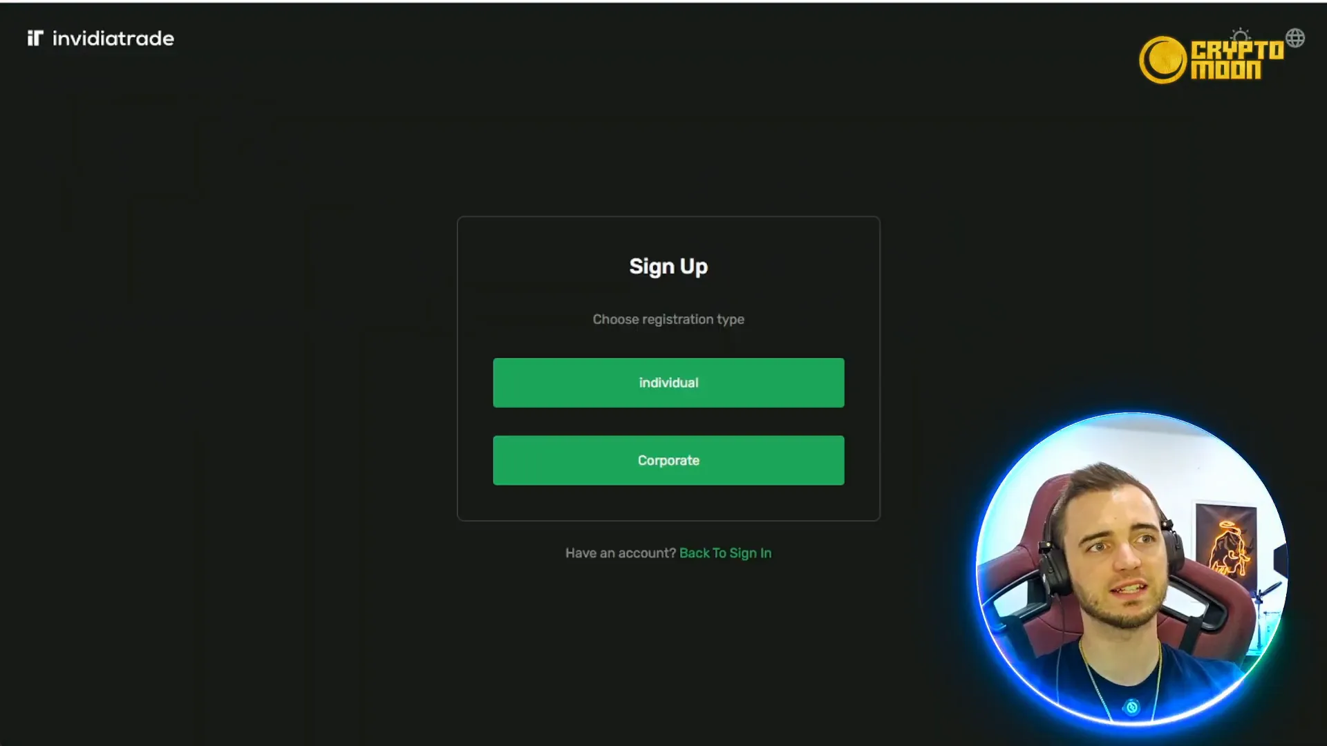 invidiaTrade signup form showing individual and corporate options