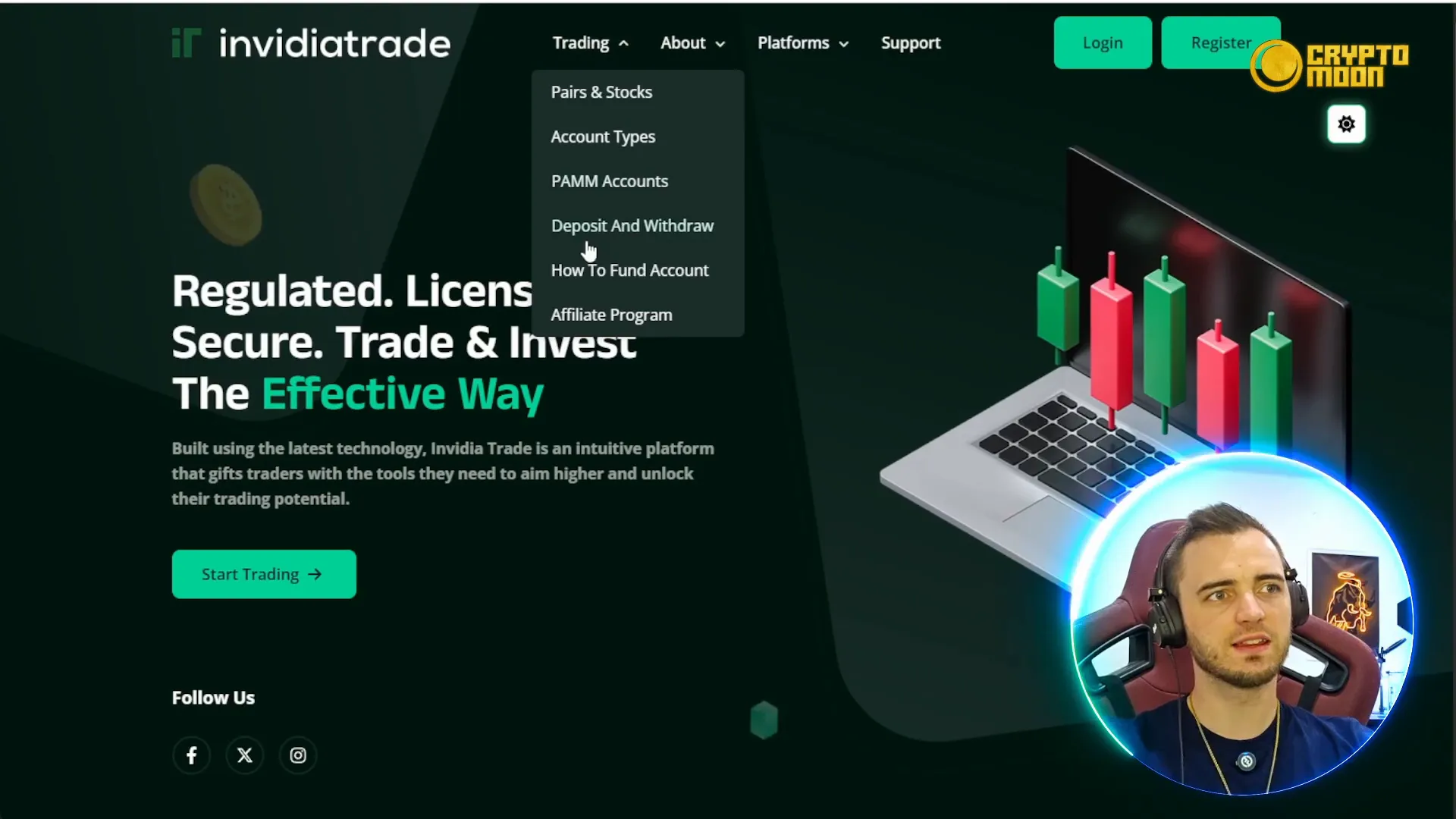 invidiaTrade homepage showing menu and trading platforms