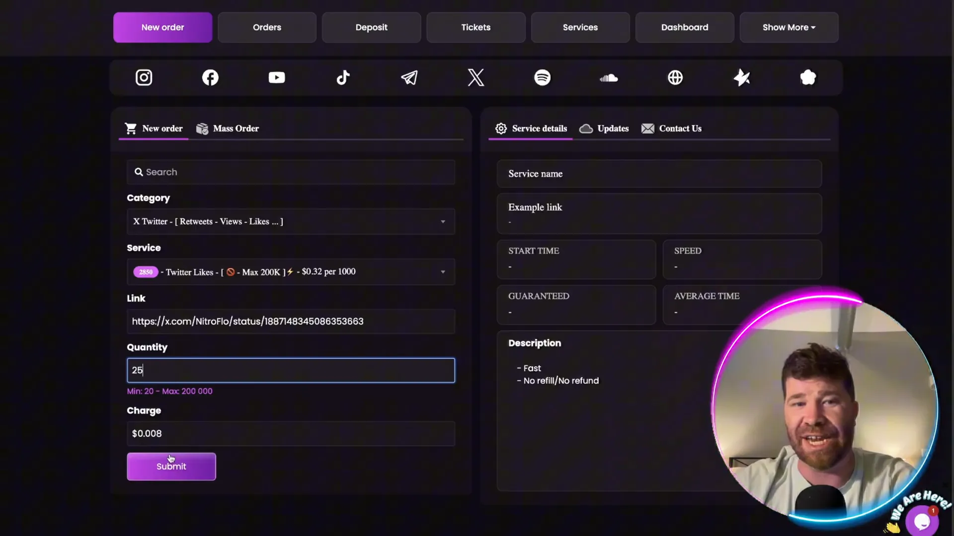 Placing a retweet order on SMMGo.io showing low cost and easy submission