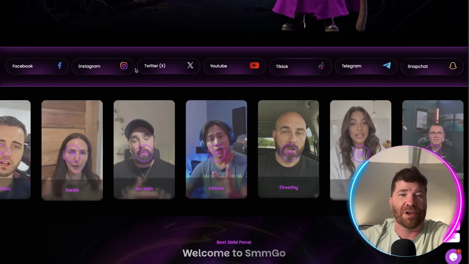Dashboard overview of SMMGo.io showing supported social media platforms