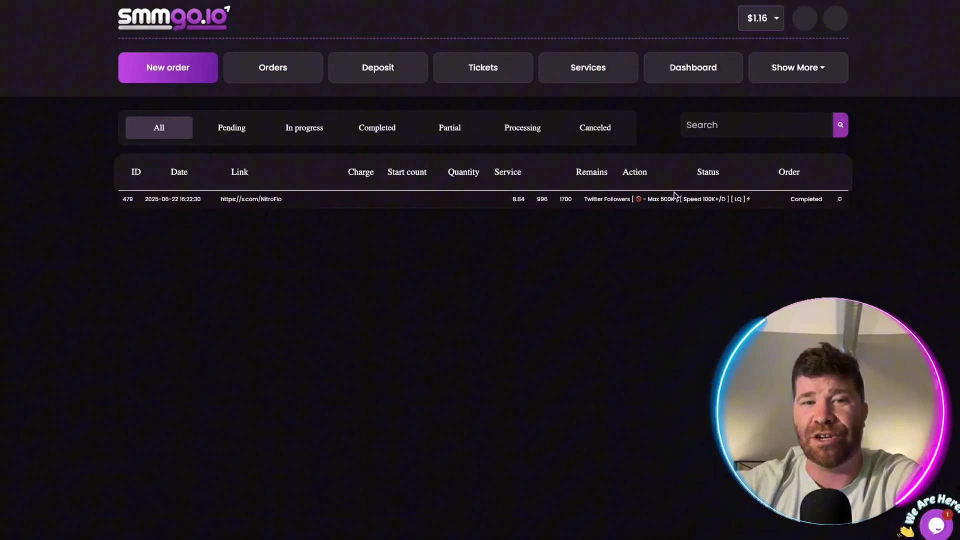 SMMGo.io user dashboard showing order details and deposit options