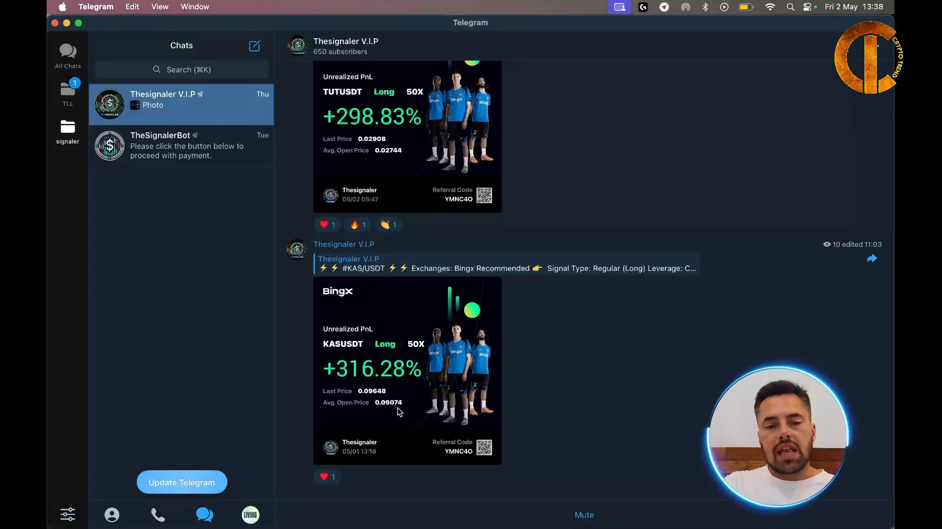 Signaler VIP group Telegram page showing community profits and signals