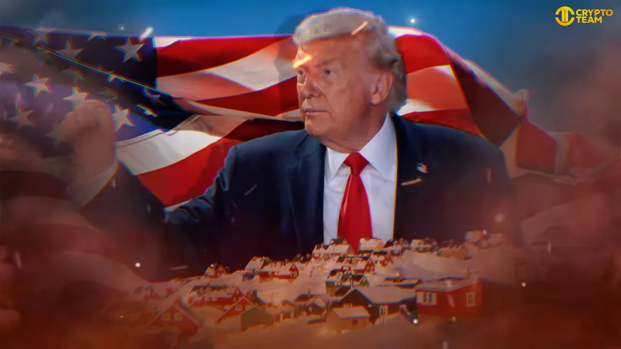 political montage showing a suited leader in front of a national flag and a snowy coastal settlement