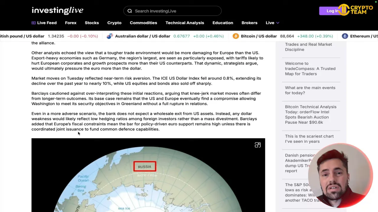 Crisp news screenshot showing an Arctic map labeled 'RUSSIA' with a presenter video overlay