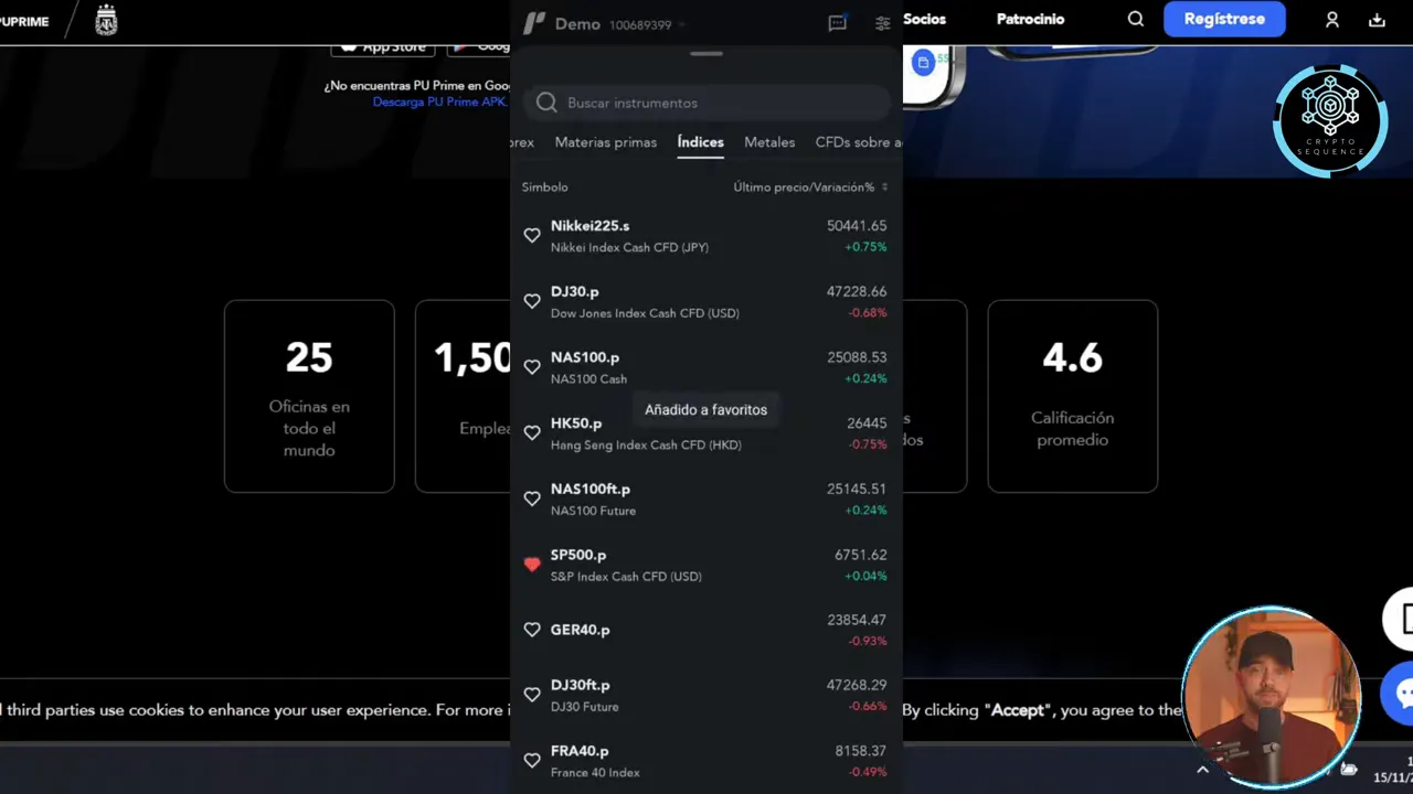 Lista de instrumentos en la app PU Prime mostrando índices y un activo (SP500) marcado como favorito