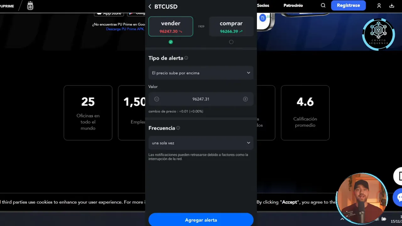 Formulario de configuración de alerta en la app mostrando tipo de alerta, campo de valor y opción de frecuencia