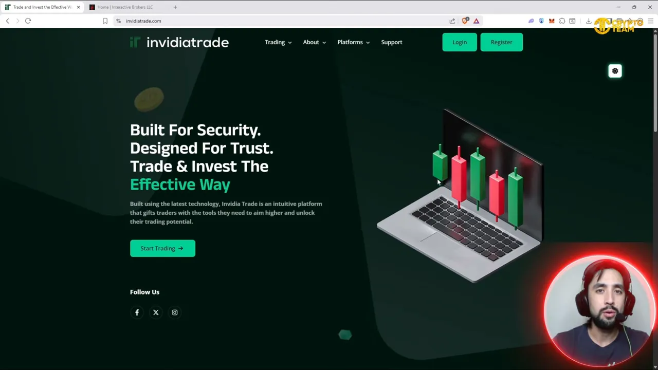 Invidia Trade homepage with headline 'Built For Security' and laptop candlestick illustration, minimal presenter overlay