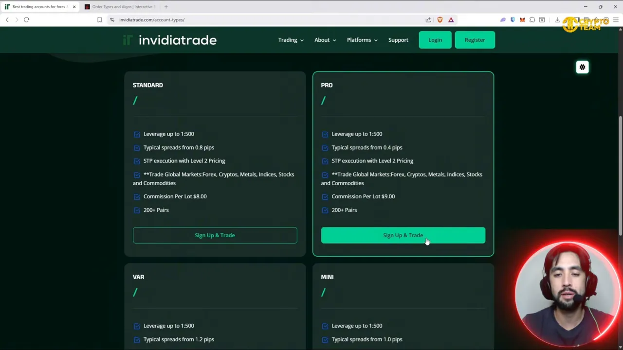 Invidia Trade Pro account card highlighted showing typical spreads from 0.4 pips and commission per lot, presenter overlay in corner.