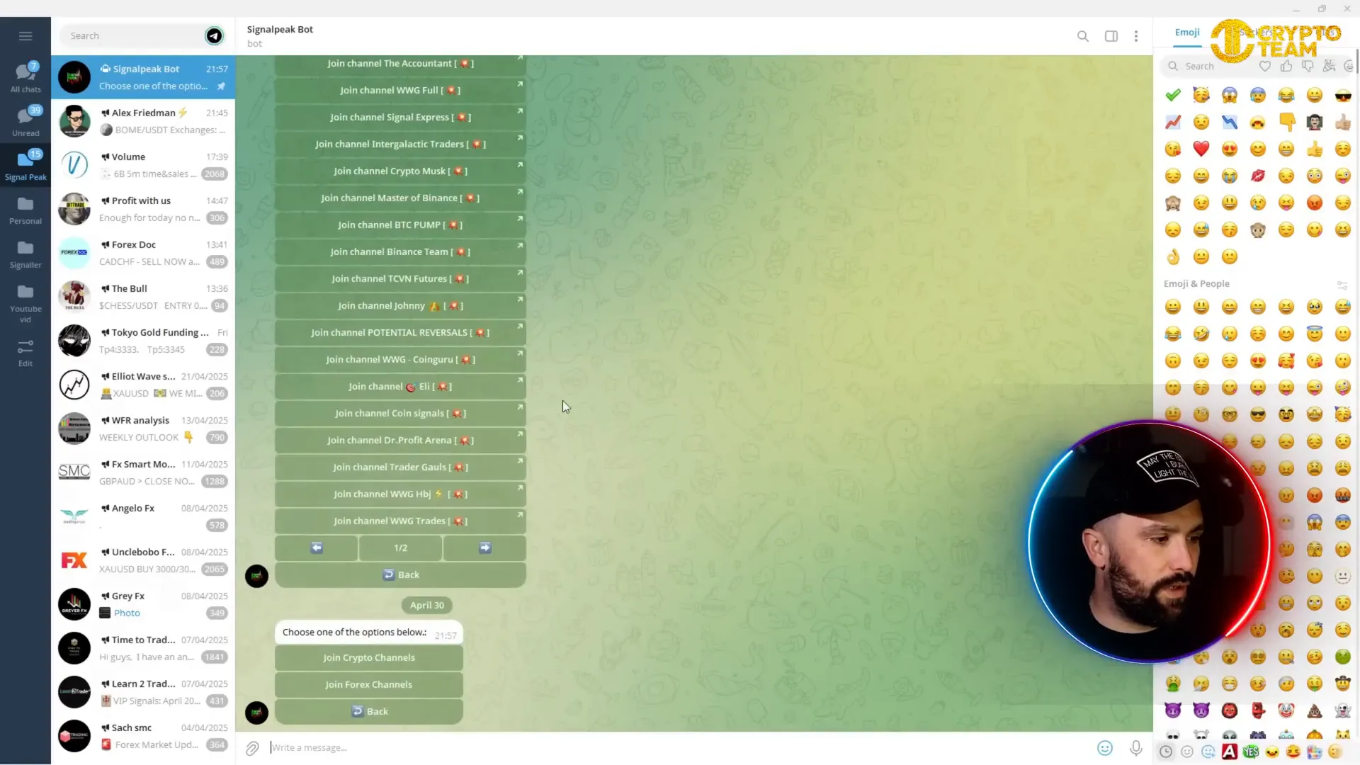 SignalPeak.io Telegram bot interface showing VIP group access options