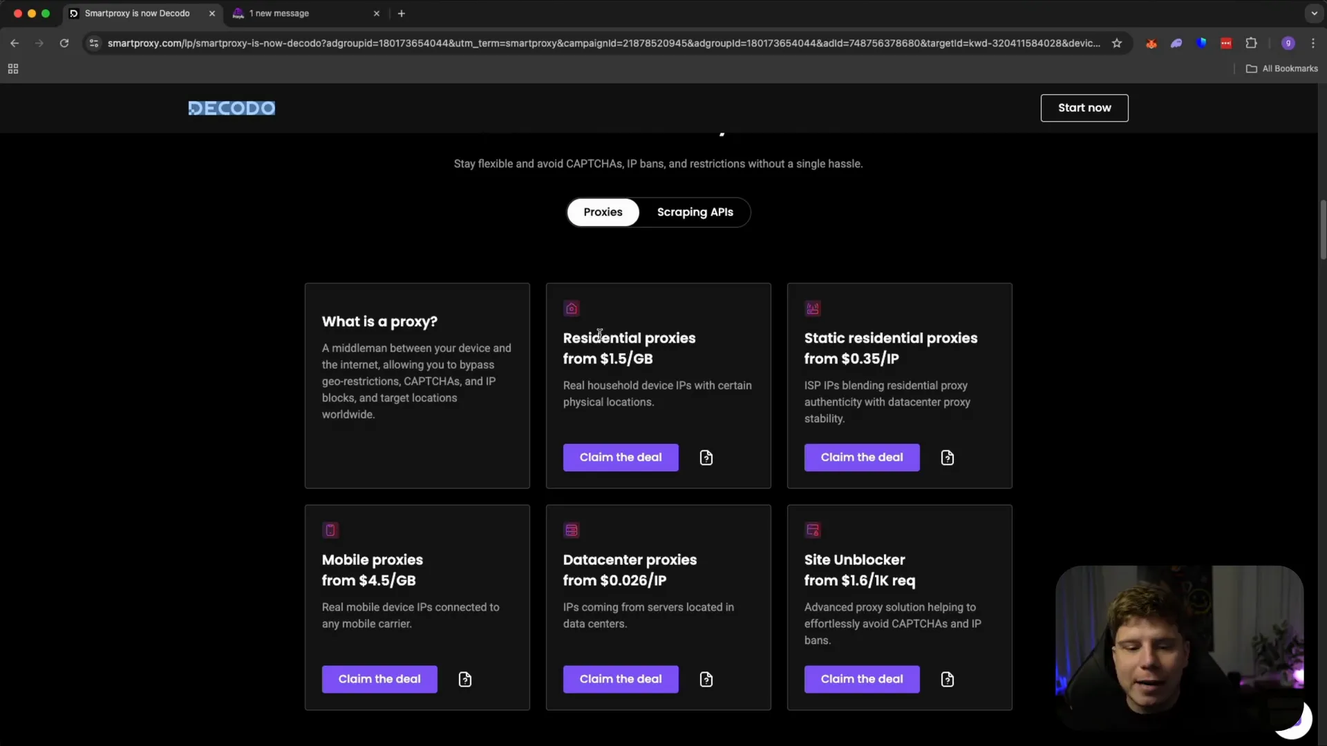 Decoder residential proxy pricing showing $150 per GB