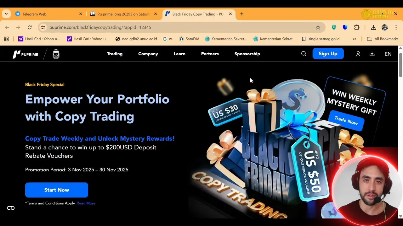 Website hero section reading 'Empower Your Portfolio with Copy Trading' with Black Friday promo artwork and presenter overlay