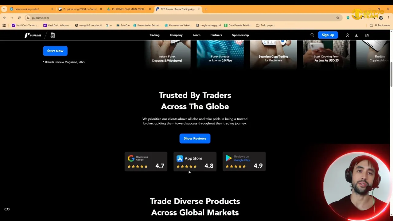 Clear screenshot of the PU Prime website 'Trusted By Traders Across The Globe' section with review badges and ratings visible, and presenter overlay in bottom-right that does not obscure content.