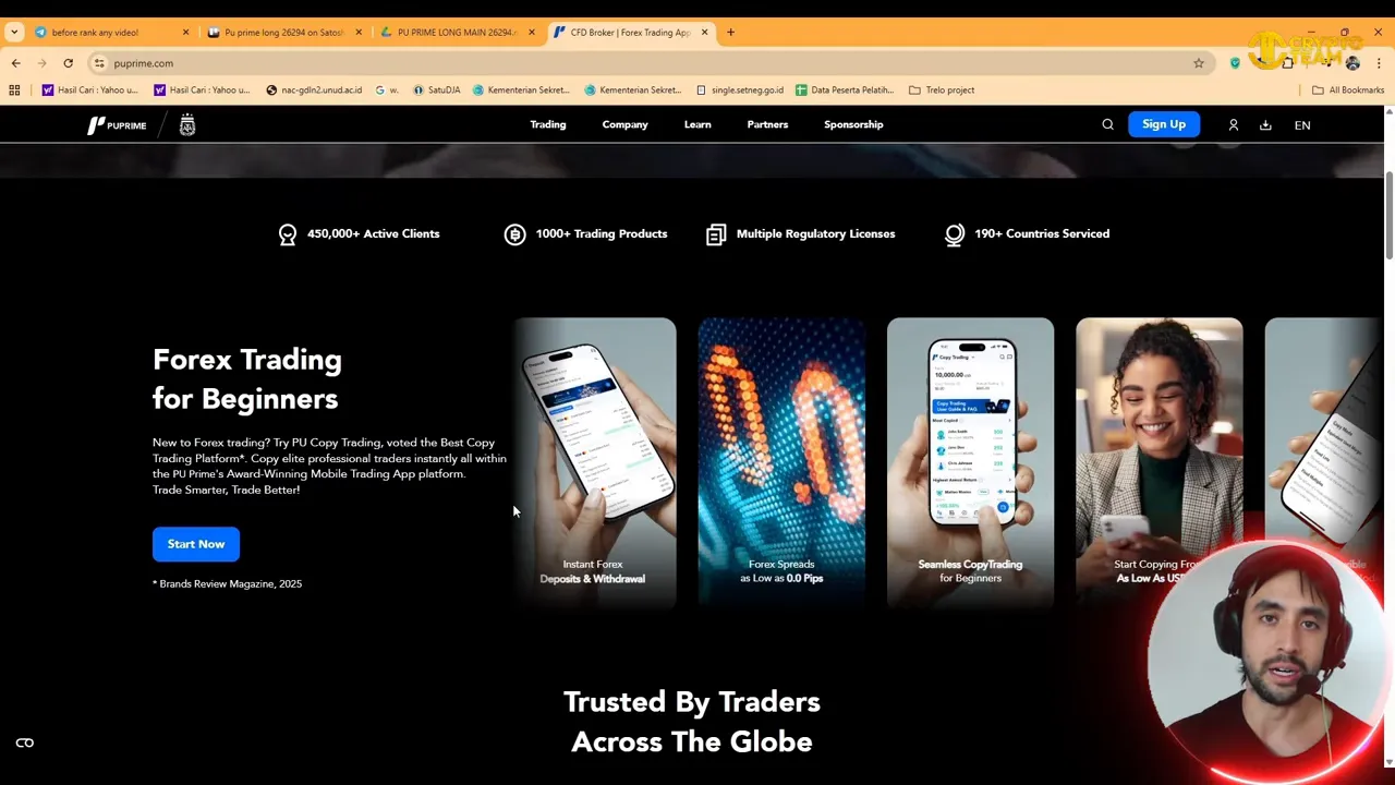 Clear screenshot of the PU Prime landing page with 'Forex Trading for Beginners' headline, mobile app preview cards and an unobtrusive presenter inset in the corner.