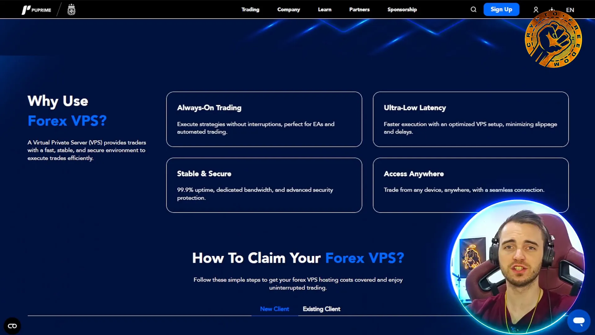 PU Prime website showing Forex VPS benefits
