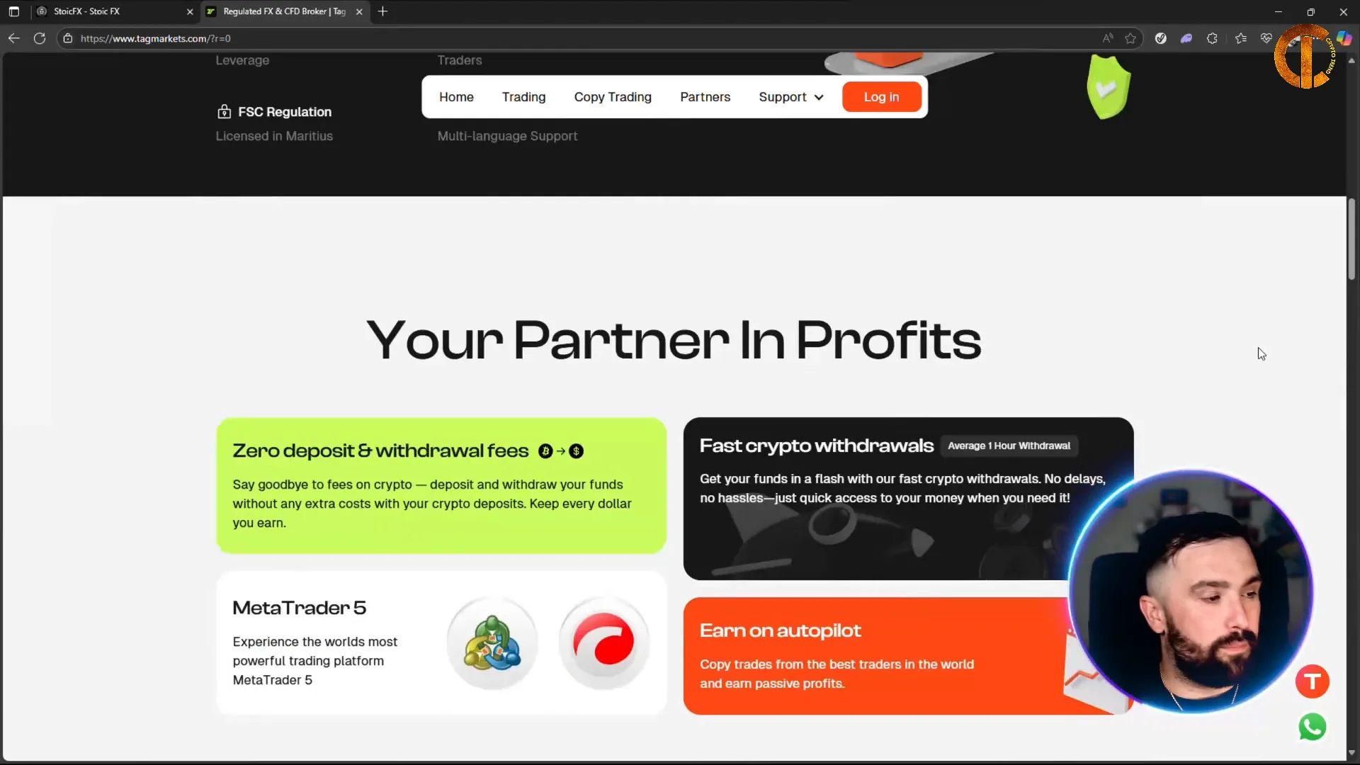 Tag Markets website showing MetaTrader 5 and account types