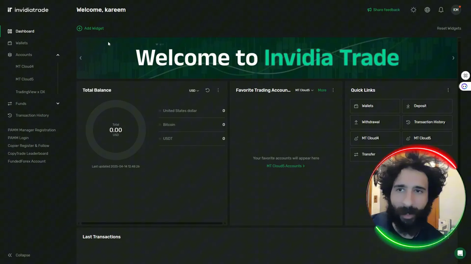 InvidiaTrade dashboard showing wallets and live account management