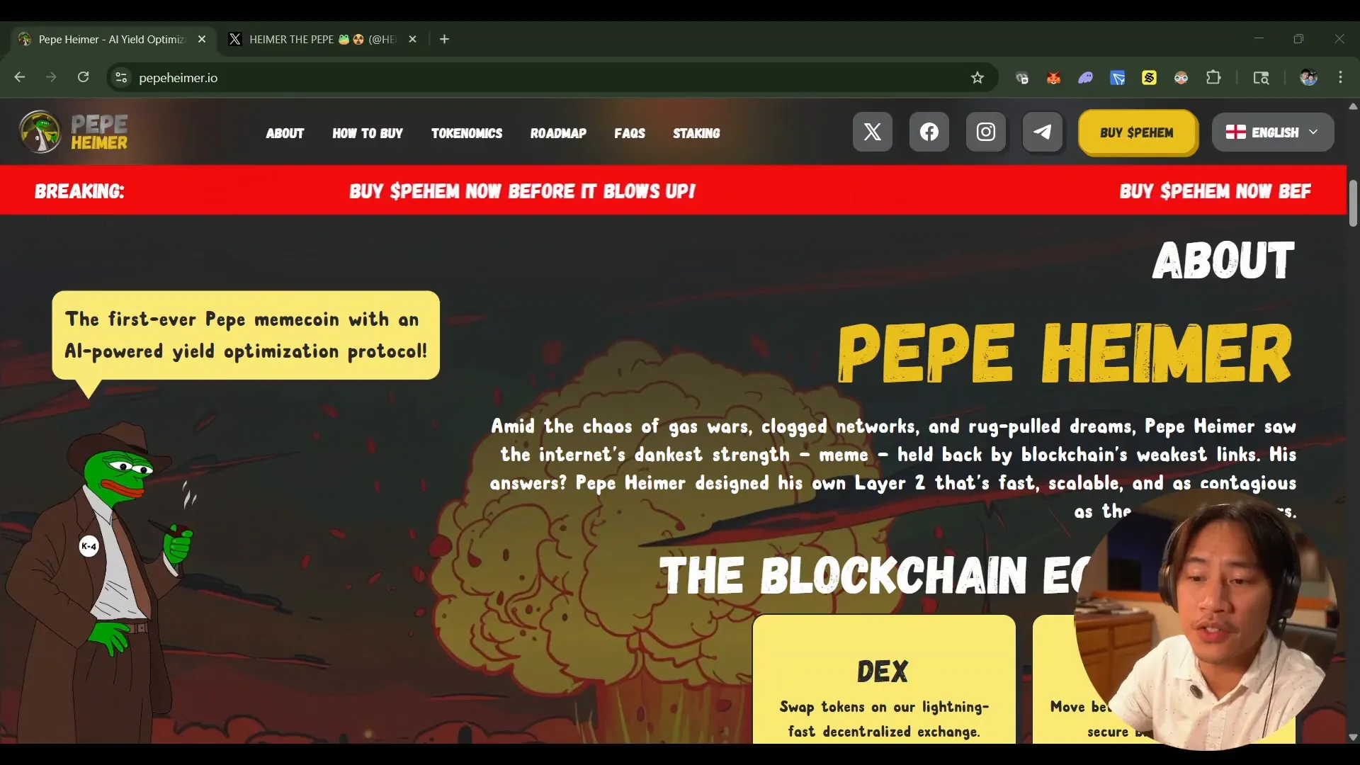Pepe Hymer landing page showcasing its vibrant community and token details