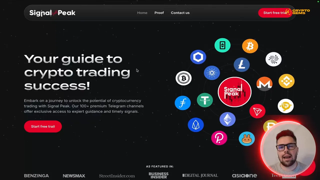 SignalPeak homepage hero with headline 'Your guide to crypto trading success', crypto icons and a call-to-action button