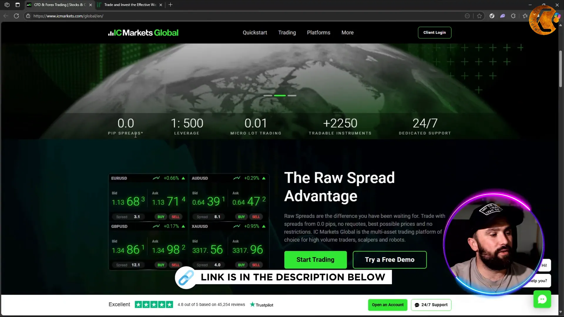 IC Markets homepage showing free demo and trading features