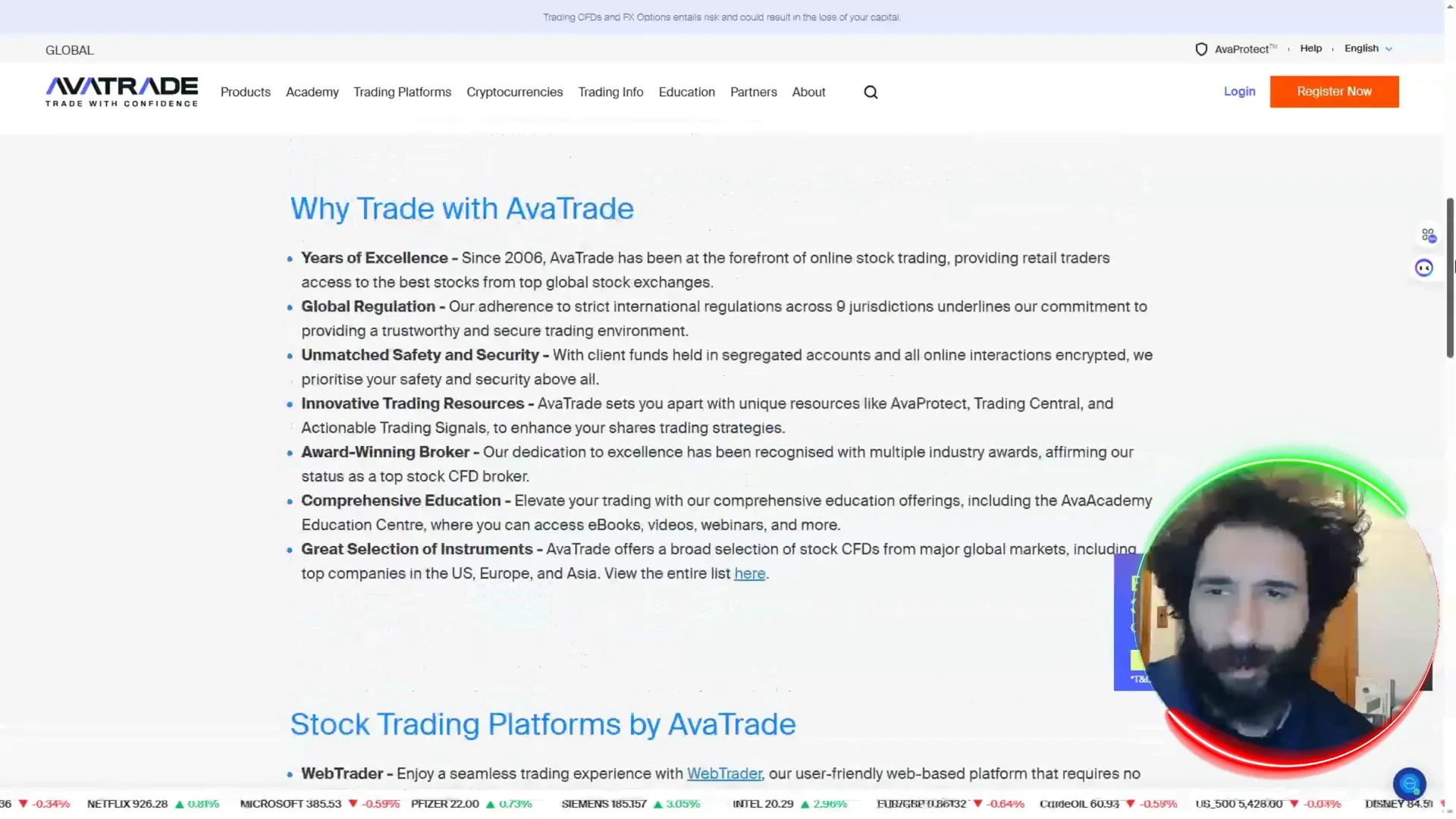 AvaTrade platform overview showing trading instruments and educational academy