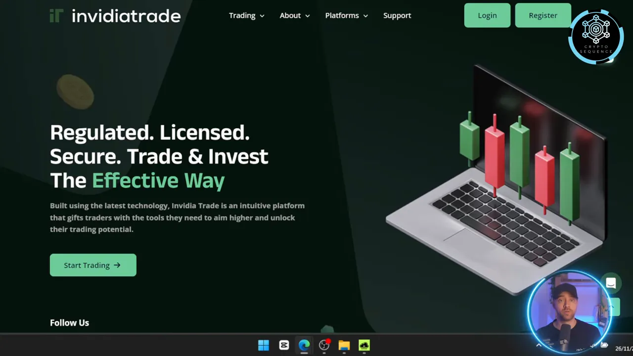 Captura nítida de la página principal de InvidiaTrade con texto de confianza y gráfico de portátil con velas de precio