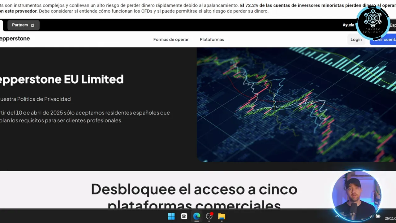 Pantalla de Pepperstone con gráfico de cotizaciones y texto 'Pepperstone EU Limited'