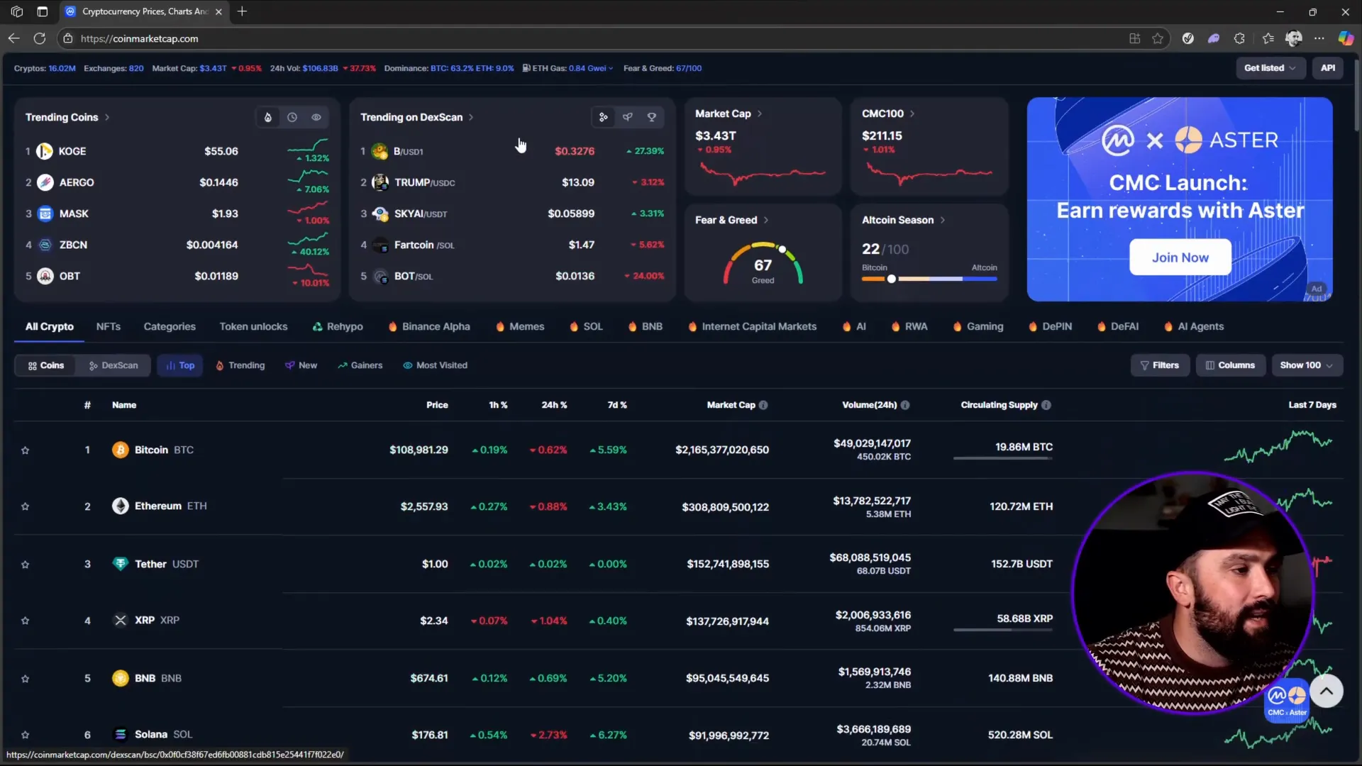 CoinMarketCap trending coins dashboard showing uptrends and downtrends