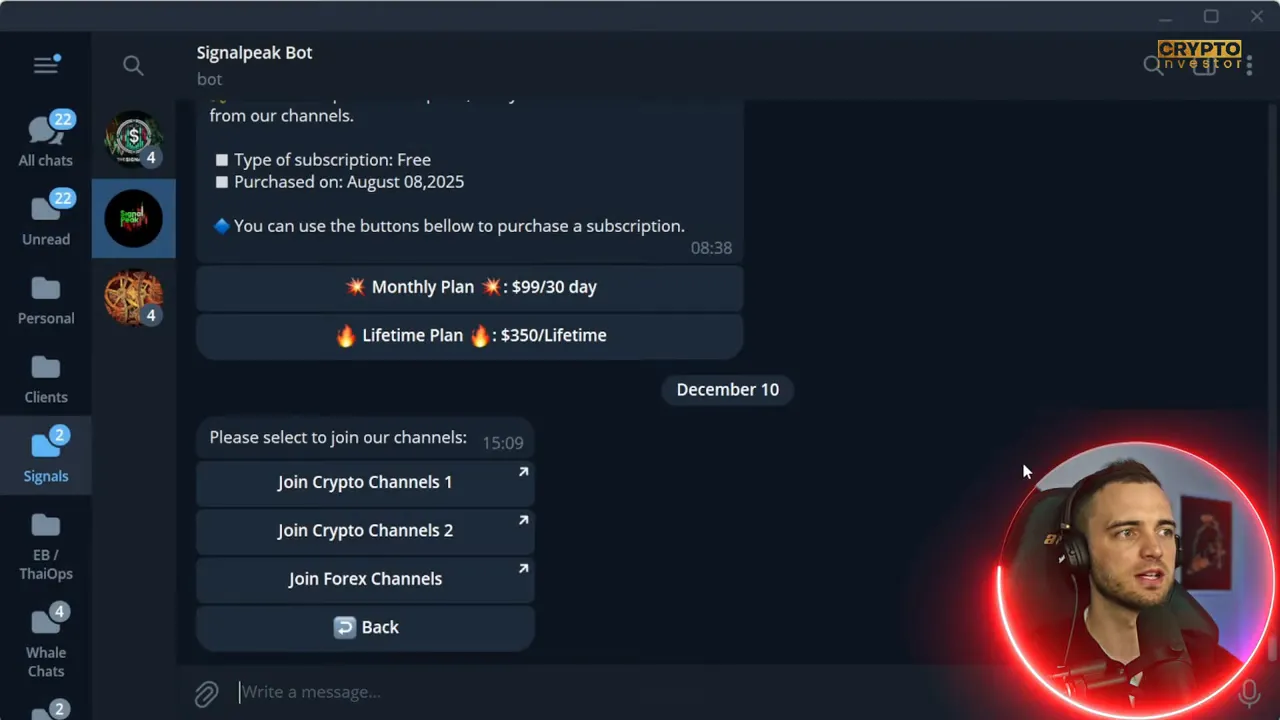 Telegram desktop screen showing Signalpeak Bot menu with 'Join Crypto Channels 1/2' and 'Join Forex Channels' buttons and subscription pricing.
