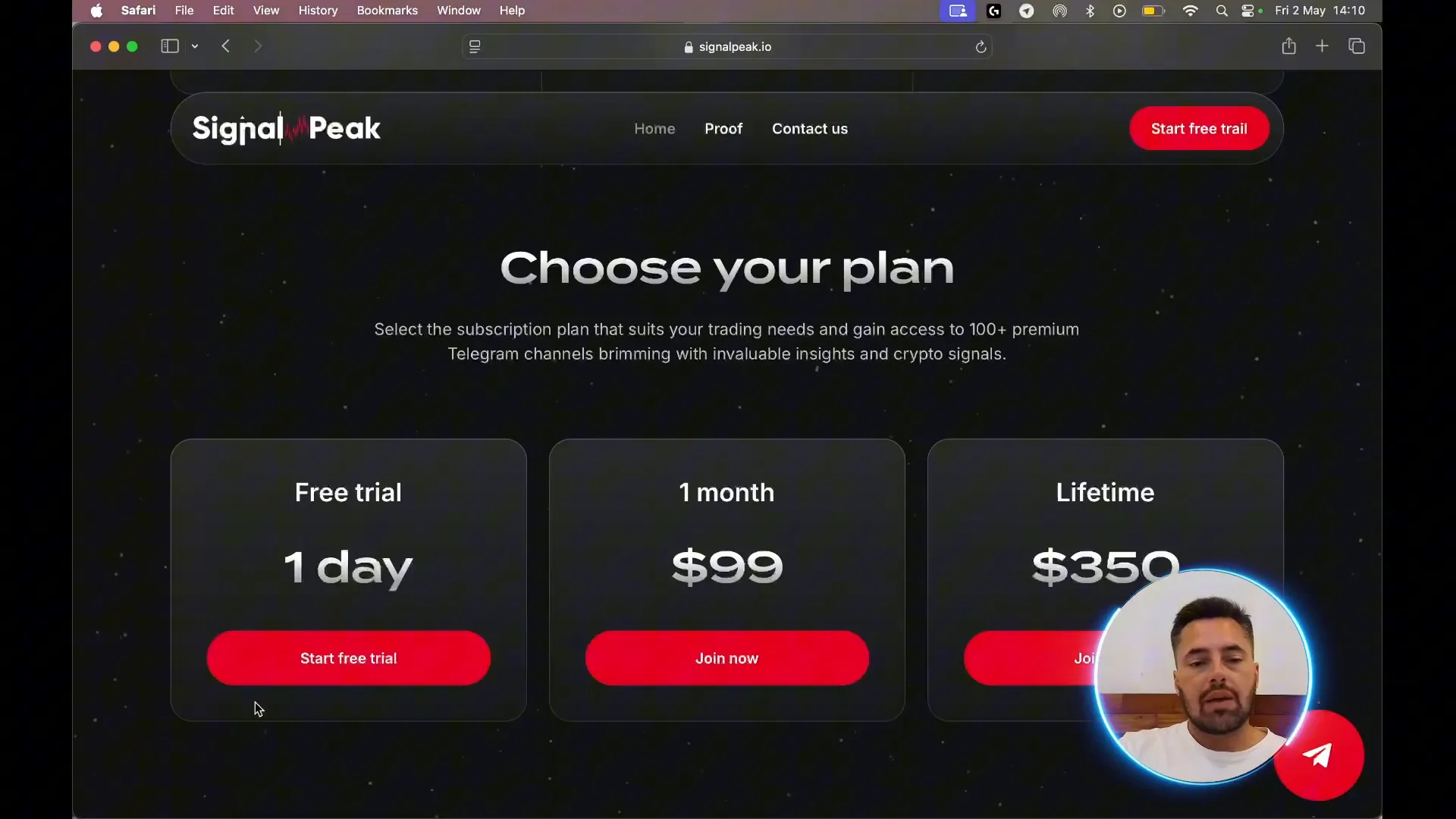 SignalPeak subscription plans including free trial, monthly and lifetime options