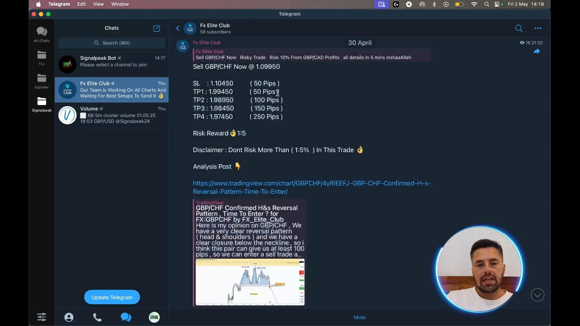 FX Elite Club telegram channel showing forex signal with entry, stop loss, and take profit levels
