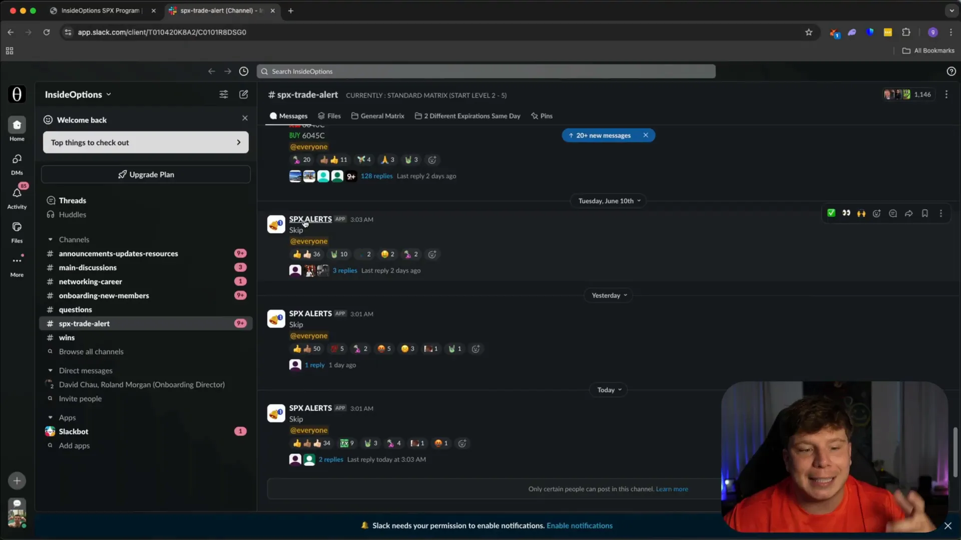 Inside Options Slack showing SPX trade alerts and community wins