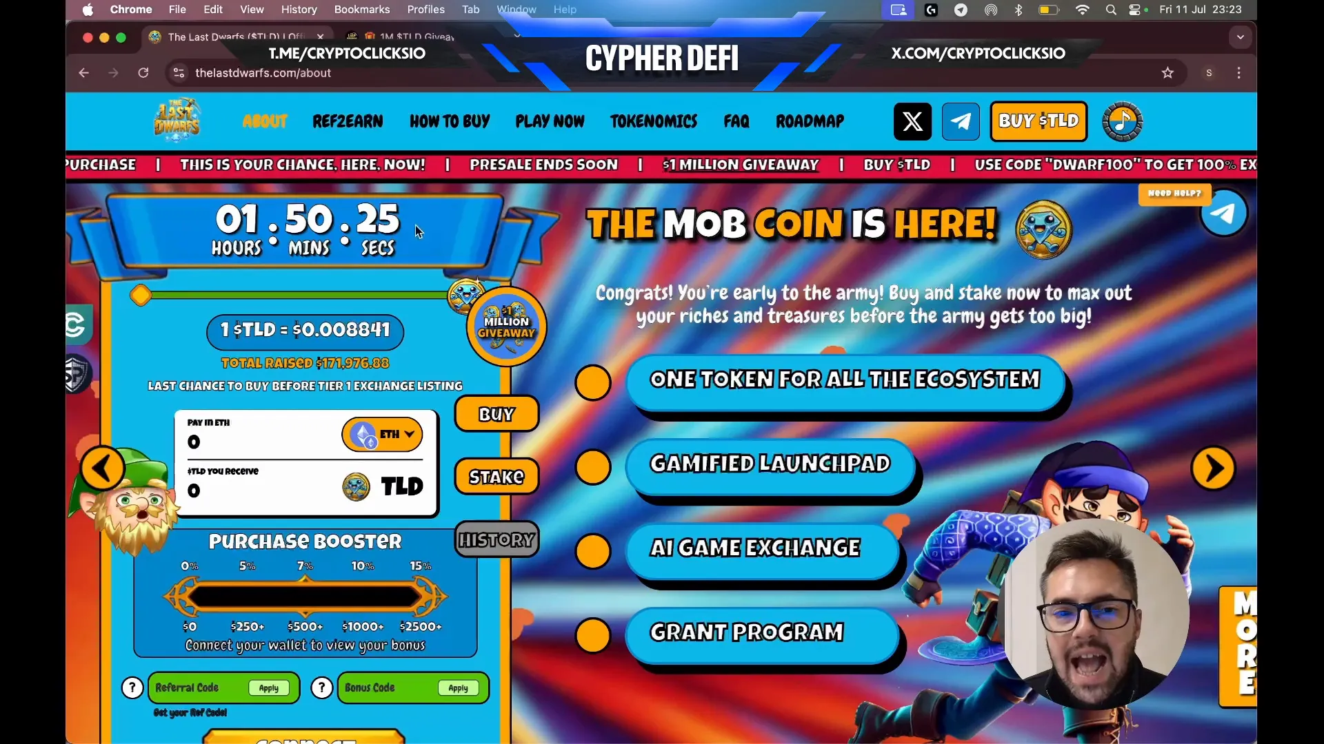Countdown timer showing next price increase for $TLD
