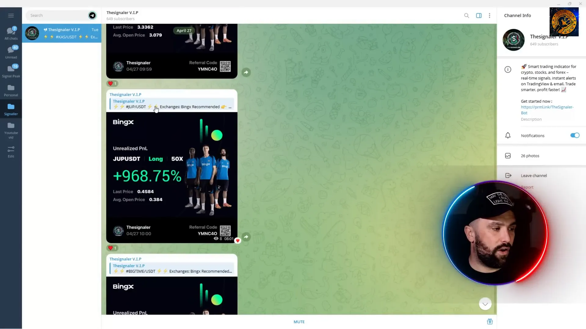Screenshot of VIP signal trades with high percentage gains