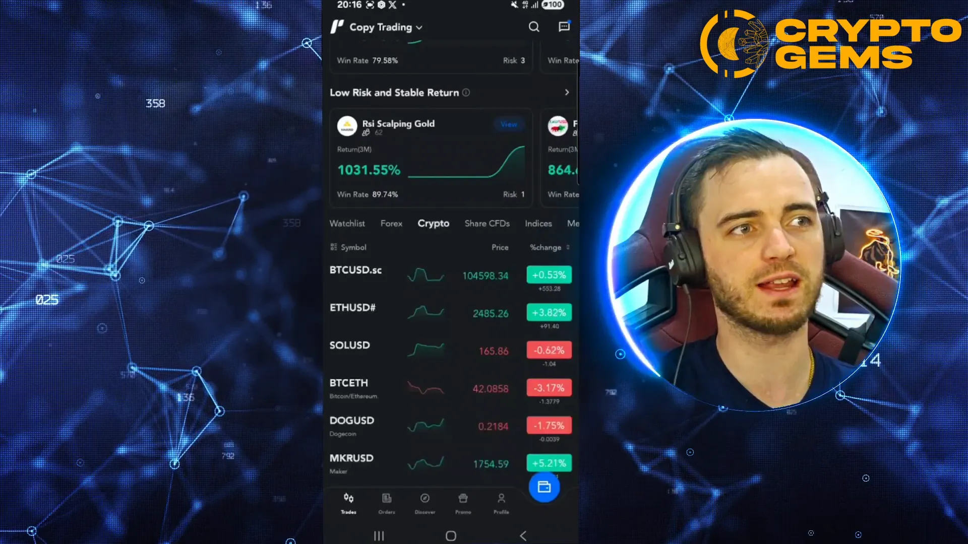 PU Prime app crypto tab showing various crypto assets