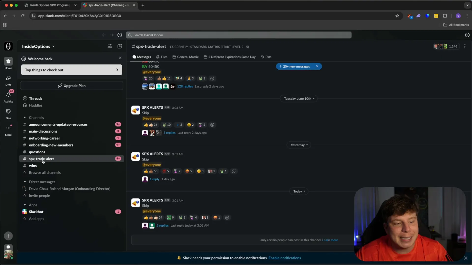 InsideOptions Slack channel showing SPX trade alerts