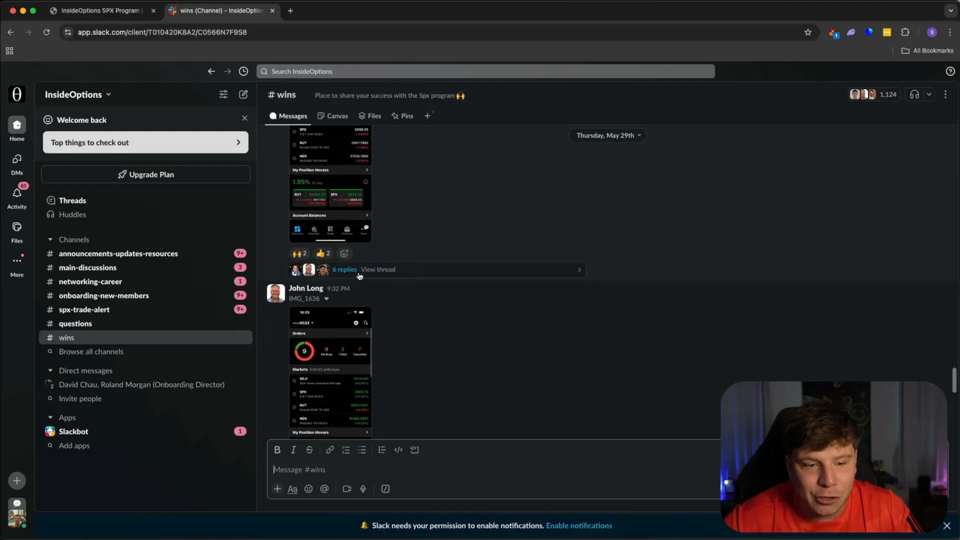 Screenshot of traders sharing wins and discussions in Slack