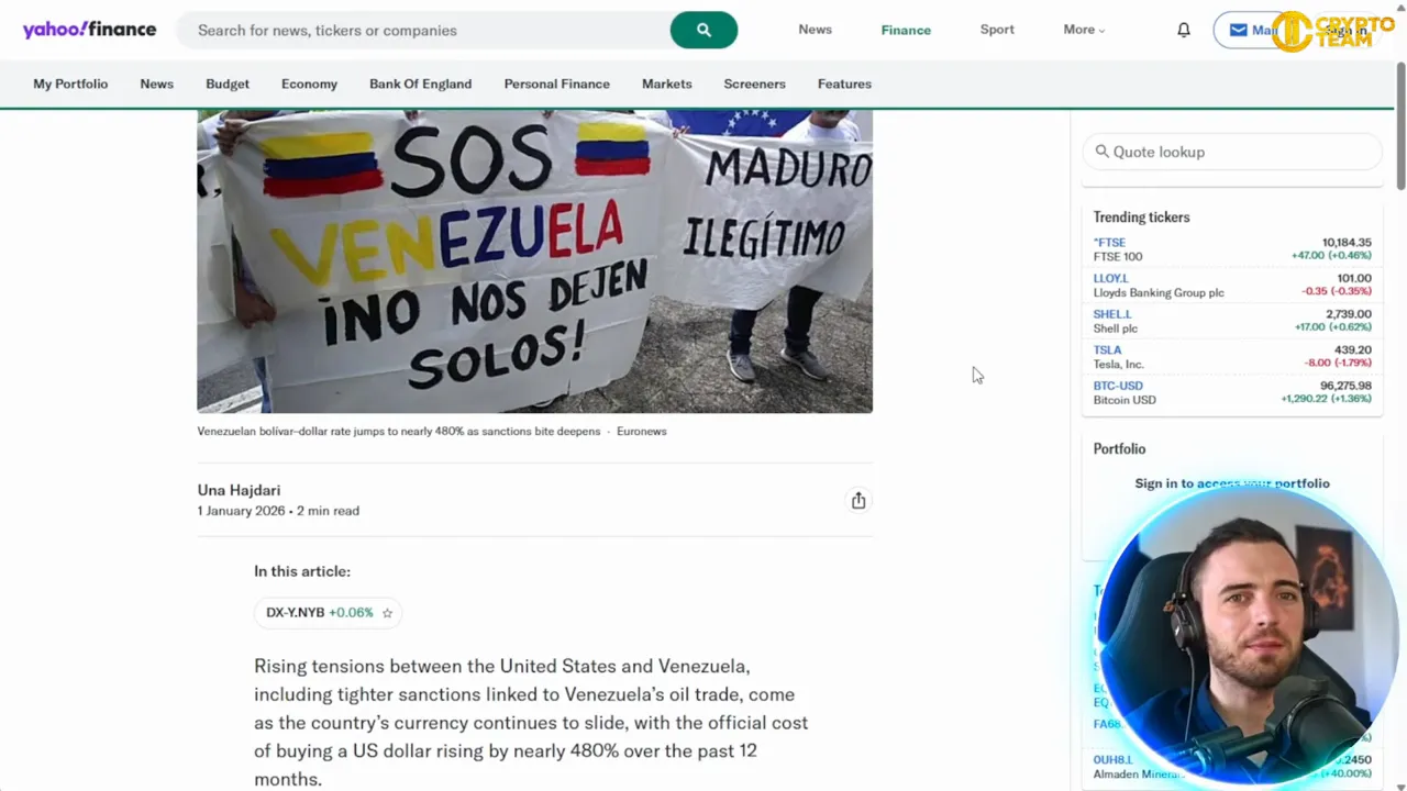 High-clarity screenshot showing protesters holding an 'SOS Venezuela' banner in an article about rapid bolivar devaluation
