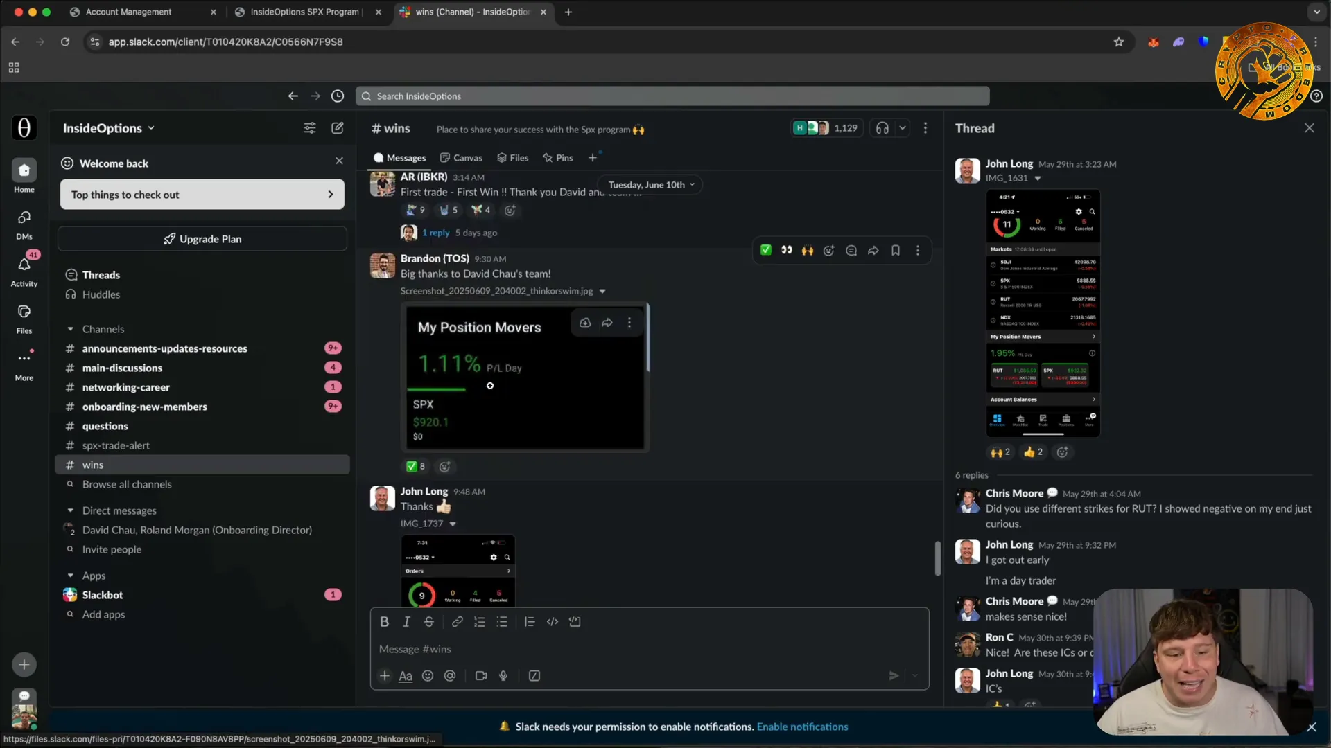 Slack channel showing trade wins and profits