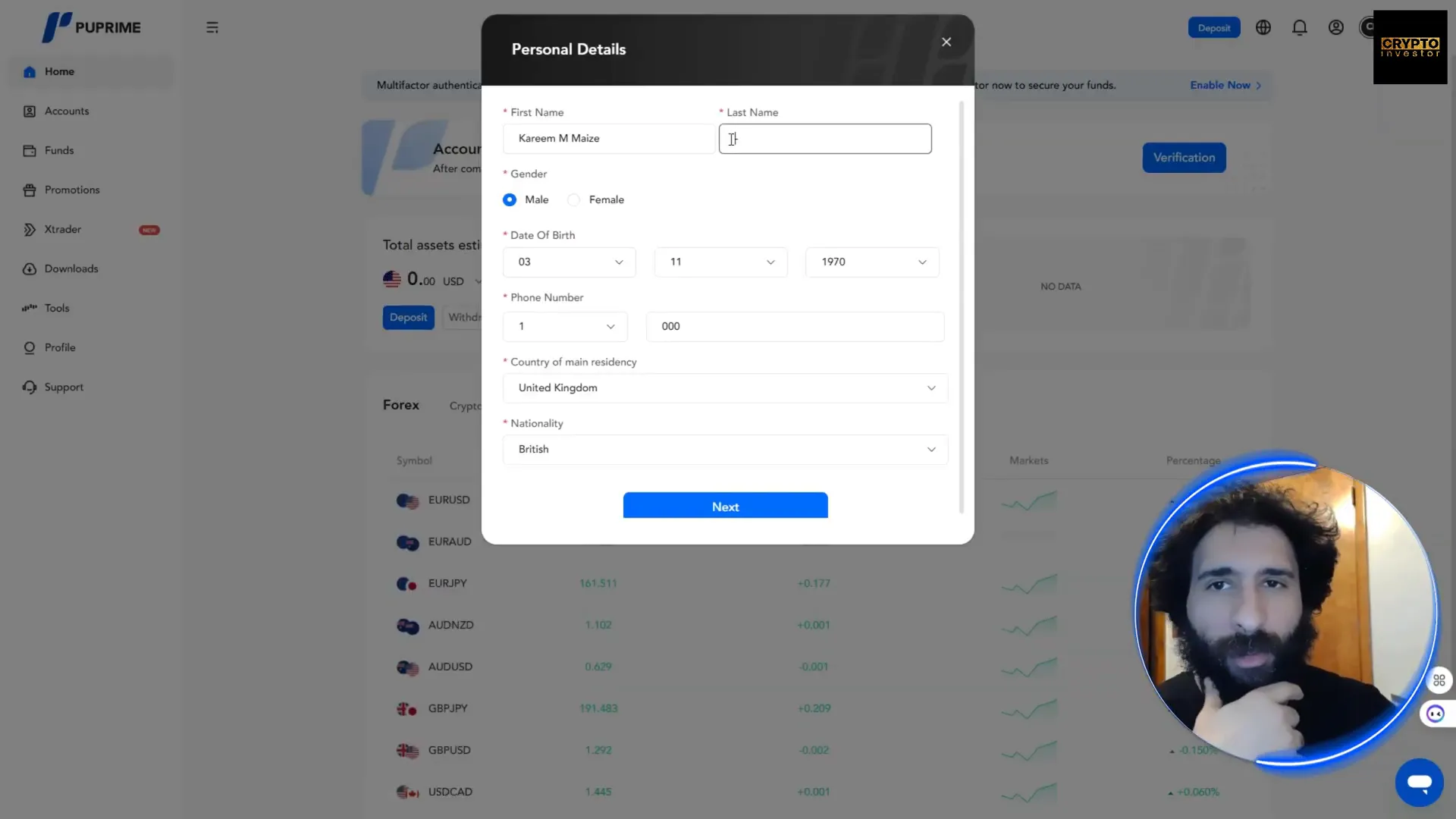 Filling in personal information for account setup