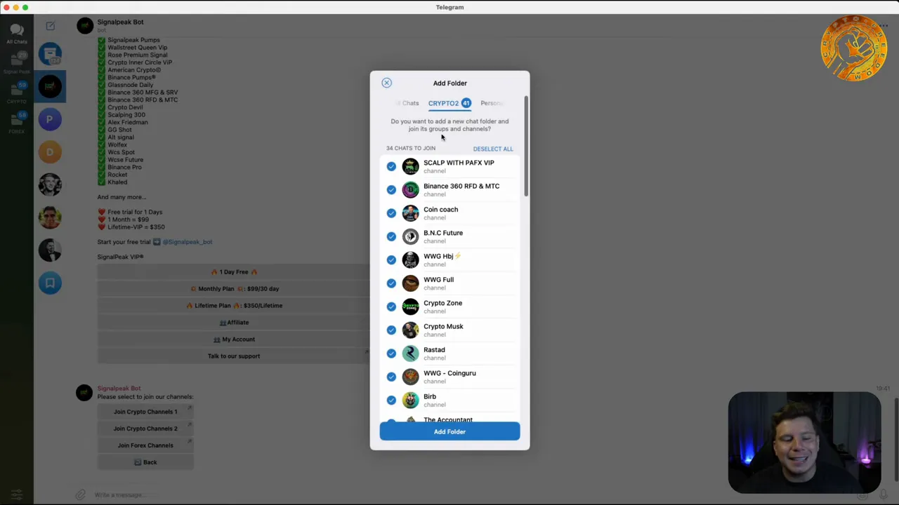 Adding SignalPeak crypto channels folder to Telegram