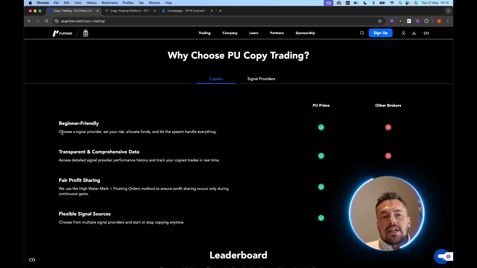 PU Prime copy trading dashboard showing signal providers and copiers