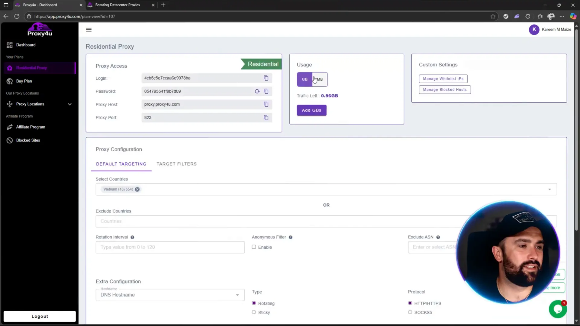Proxy4U user dashboard showing proxy types and data usage
