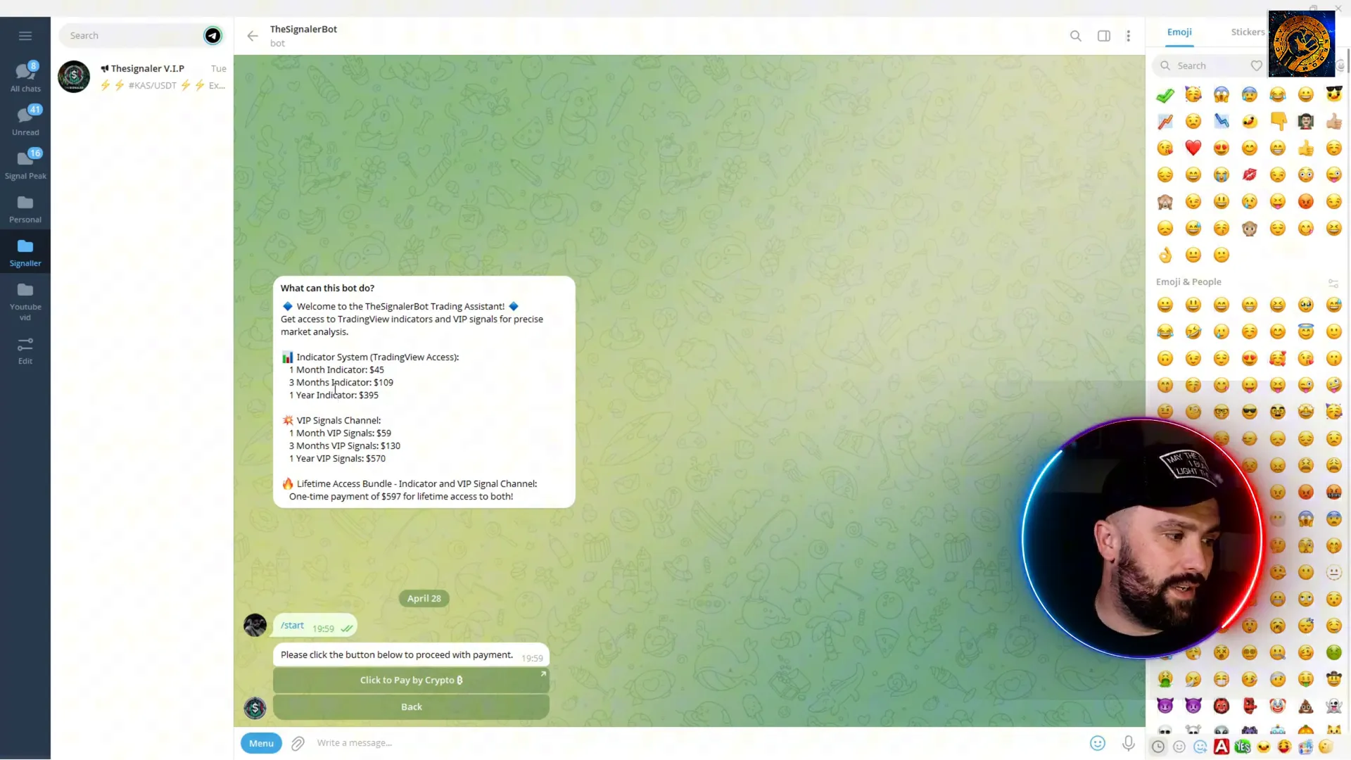 TheSignaler bot interface showing subscription options and payment methods